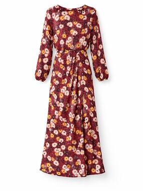 THE KOOPLES Floral Midi Dress Long Sleeve Tie Waist Burgundy